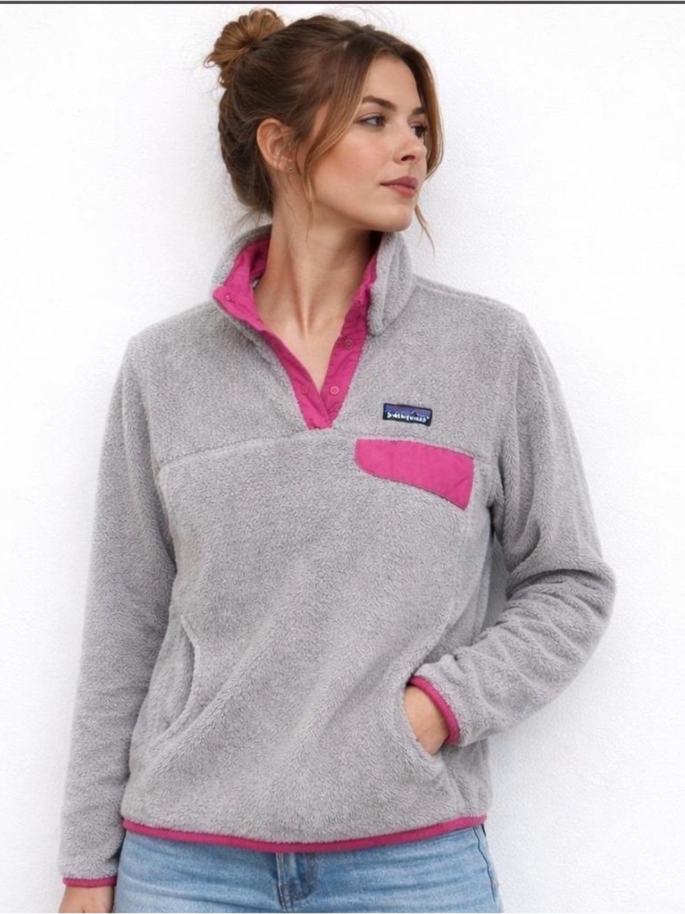 Patagonia Gray Fleece Pullover with Pink Accents